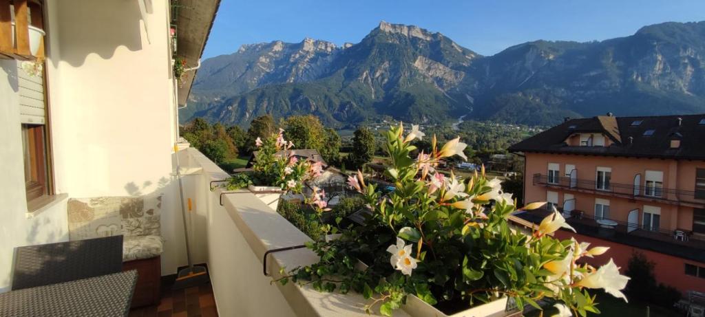 einen Balkon mit Blumen und Bergen im Hintergrund in der Unterkunft Casa Memole in Levico Terme