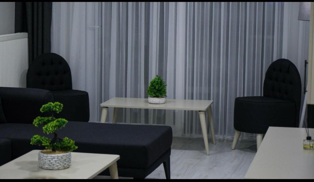sala de estar con sofá, 2 sillas y mesa en Smile Suite Hotel en Çaycuma