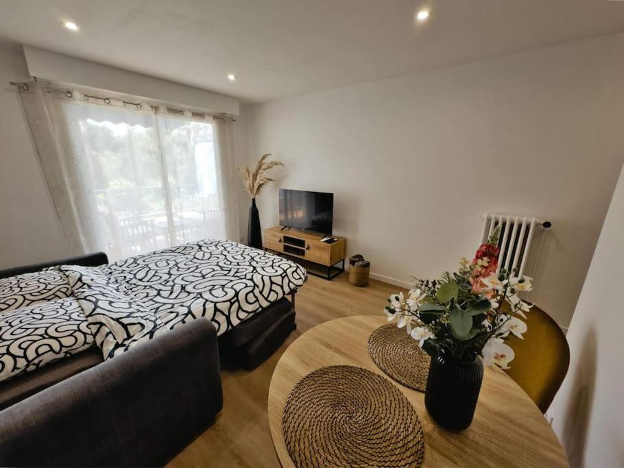 une chambre avec un lit, une table et un canapé dans l'établissement Studio Picaud proche front mer, à Cannes