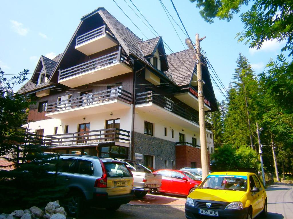 a car parked on the side of a road next to a house at Hotel Silvia Apart Sinaia in Sinaia