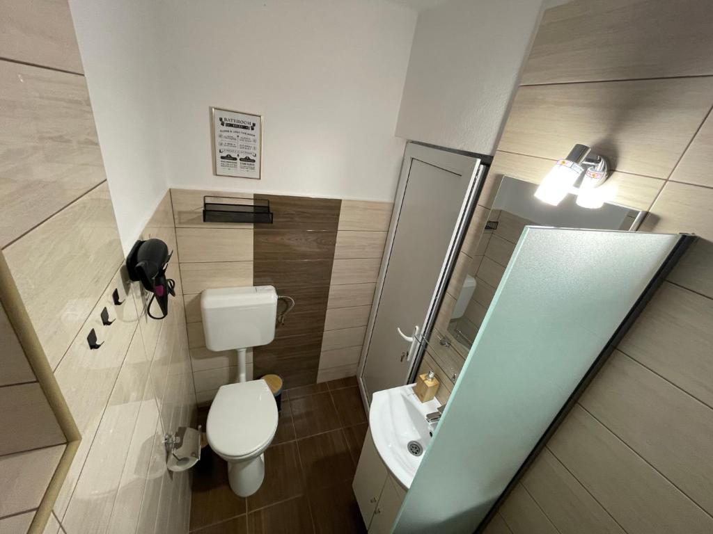 Baño pequeño con aseo y lavamanos en Island apartman 3 en Odorheiu Secuiesc