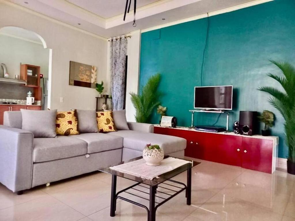 a living room with a couch and a tv at Samal Island Garden Villa - Spacious 3BR, AC, Wi-Fi, Indoor-Outdoor Kitchens in Caliclic