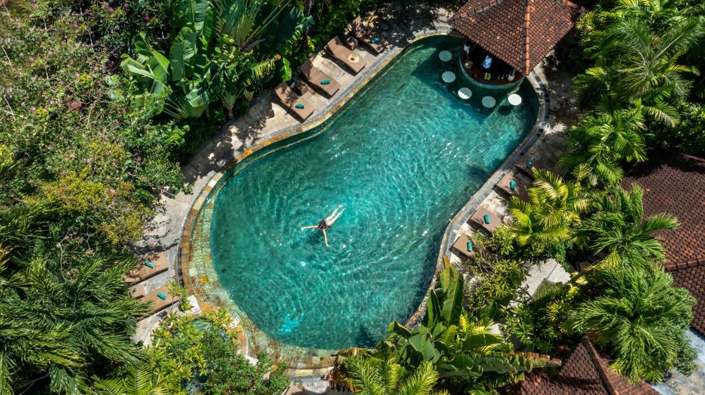 Tonys Villas & Resort Seminyak - Bali في سمينياك: اطلالة علوية على مسبح في منتجع