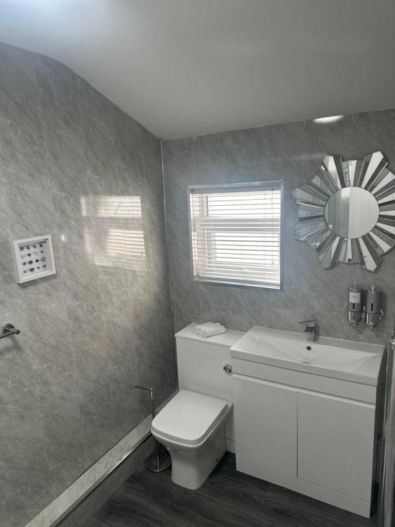 a bathroom with a toilet and a sink and a mirror at Sheriff suites in Hartlepool
