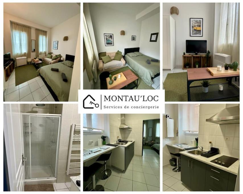 un collage de quatre photos d'un salon dans l'établissement Le cactus, proche de la gare, à Toulouse