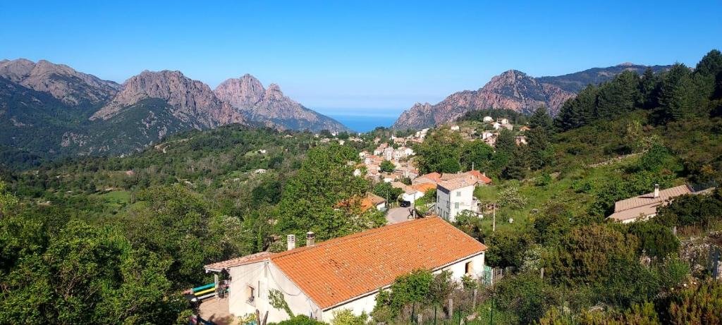 ein kleines Dorf auf einem Hügel mit Bergen im Hintergrund in der Unterkunft U pozzu hôtel in Évisa