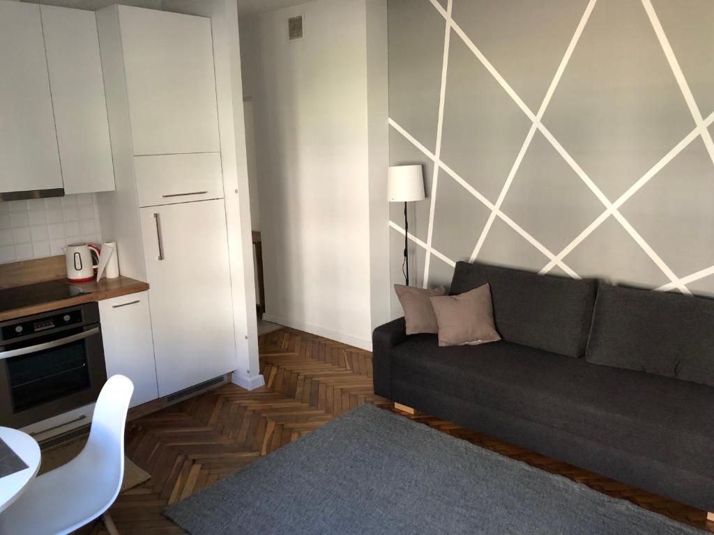 sala de estar con sofá y cocina en Silver Apartments - Orientarium,Aquapark Fala & Park en Lodz