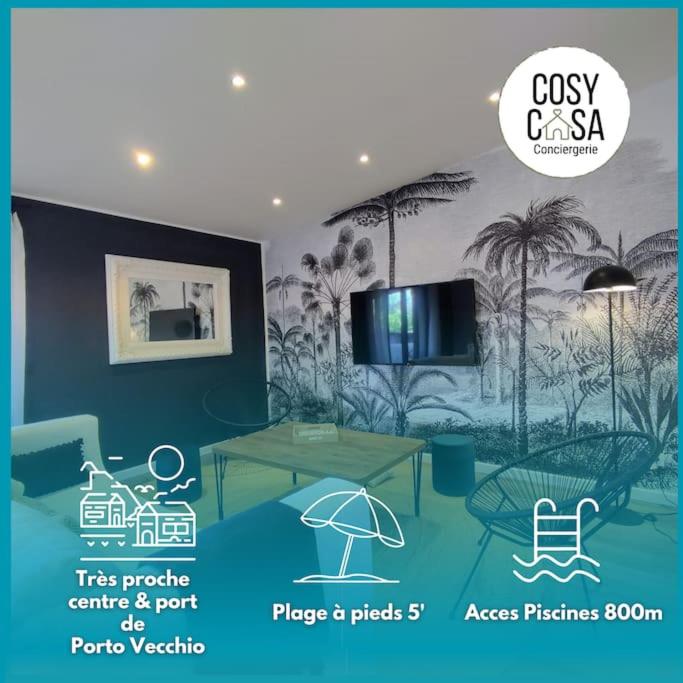 une pièce avec une table, des chaises et une télévision dans l'établissement T5, Perfettu 115m2 - Jardin, piscine, 8 pers, à Porto-Vecchio