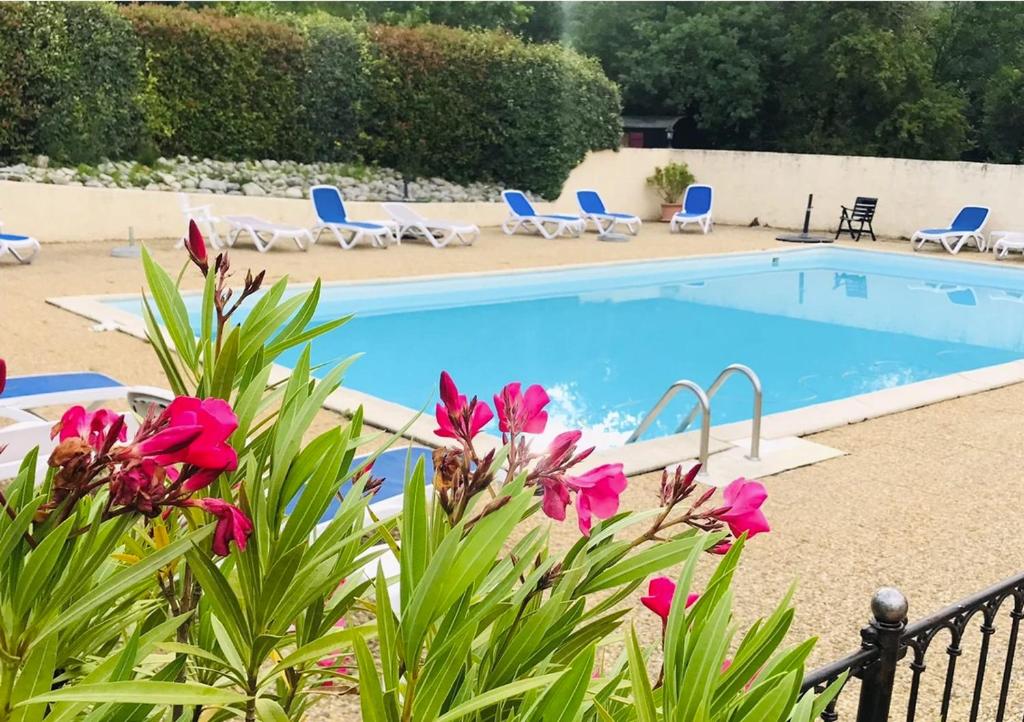 - une piscine avec des chaises bleues et des fleurs roses dans l'établissement Camping La Vaugelette - Drôme, à Montclar Sur Gervanne