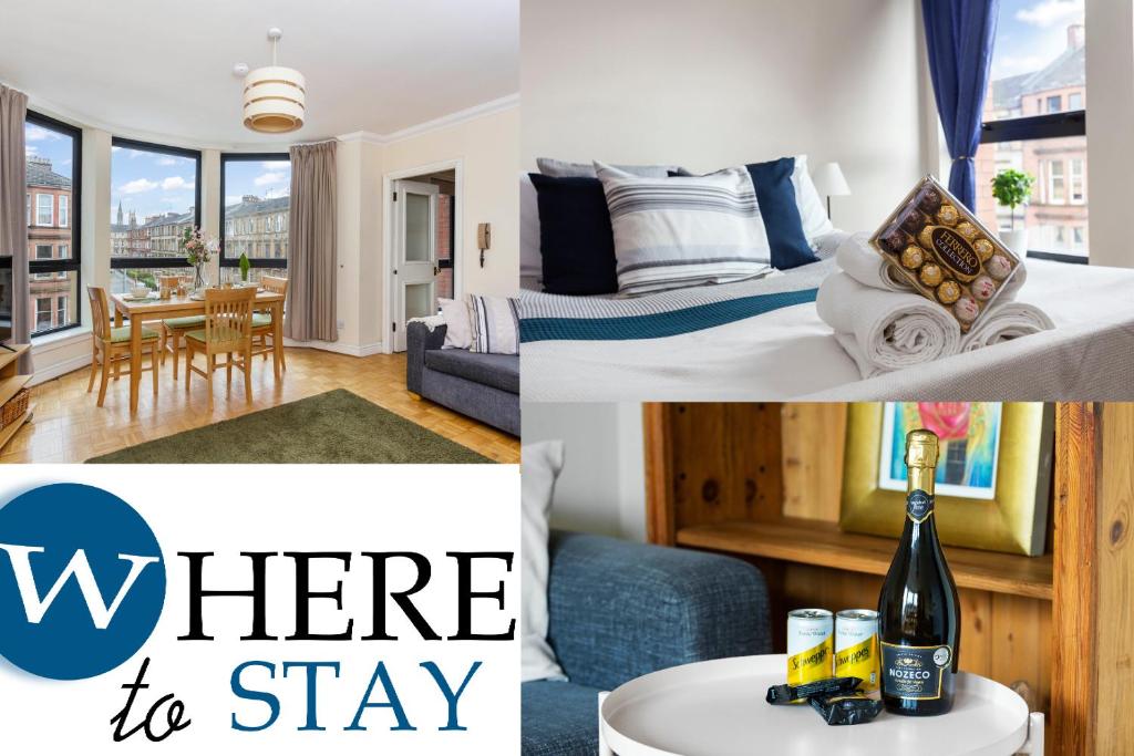 a collage of photos of a hotel room at Bright 1 Bedroom Apartment-Private PARKING in Glasgow