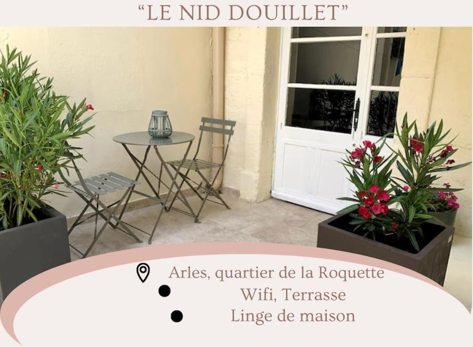 un patio avec une table et deux plantes en pot dans l'établissement Le nid douillet Terrasse La Roquette Arles, à Arles