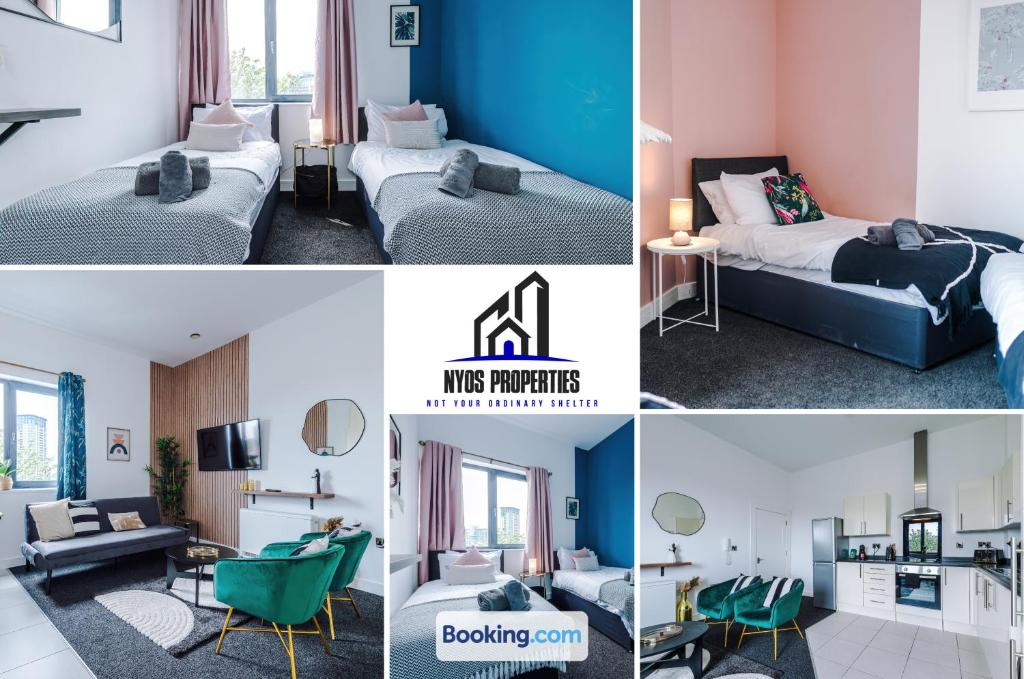 un collage di foto di una camera d'albergo di Monthly Stays By NYOS PROPERTIES Short Lets & Serviced Accommodation Manchester Business Leisure a Manchester