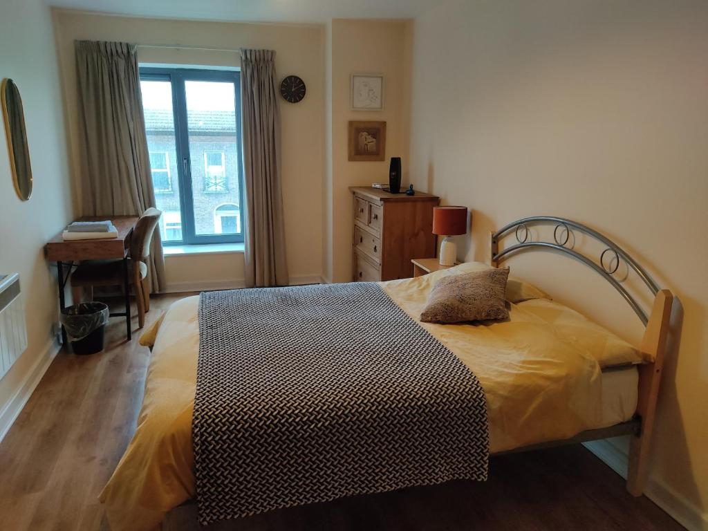 um quarto com uma cama, uma secretária e uma janela em Spacious bright double bedroom with ensuite bathroom em Dublin