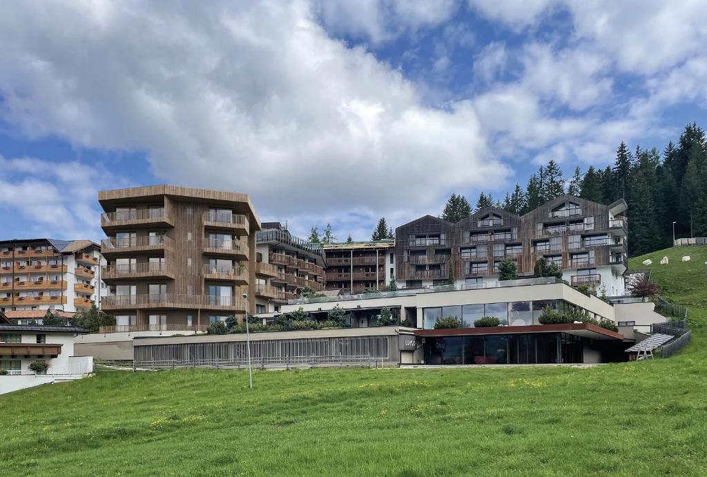 ein großes Gebäude auf einem grünen Hügel in der Unterkunft Hotel Cristal in Obereggen