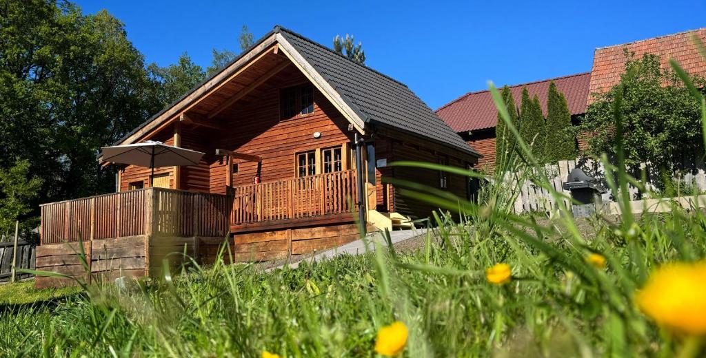 ein Holzhaus mit einer Terrasse im Hof in der Unterkunft Chata RESTART in Jevíčko