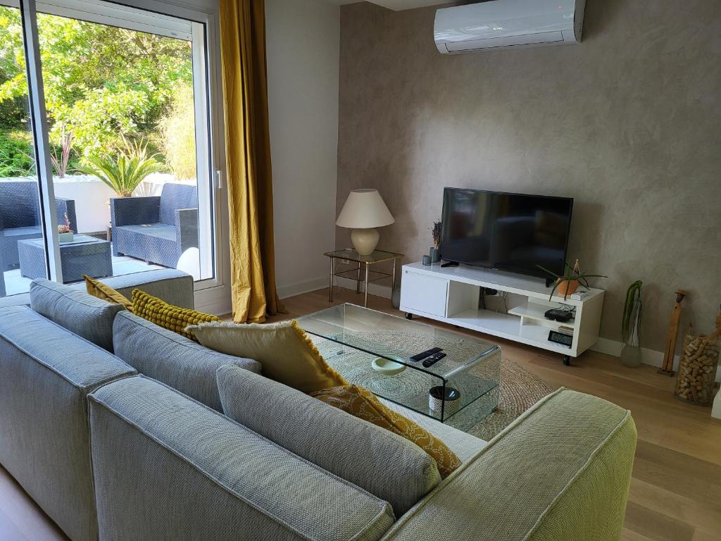 un salon avec un canapé et une télévision dans l'établissement Appartement Résidence Villeneuve, à Villeneuve-lès-Avignon