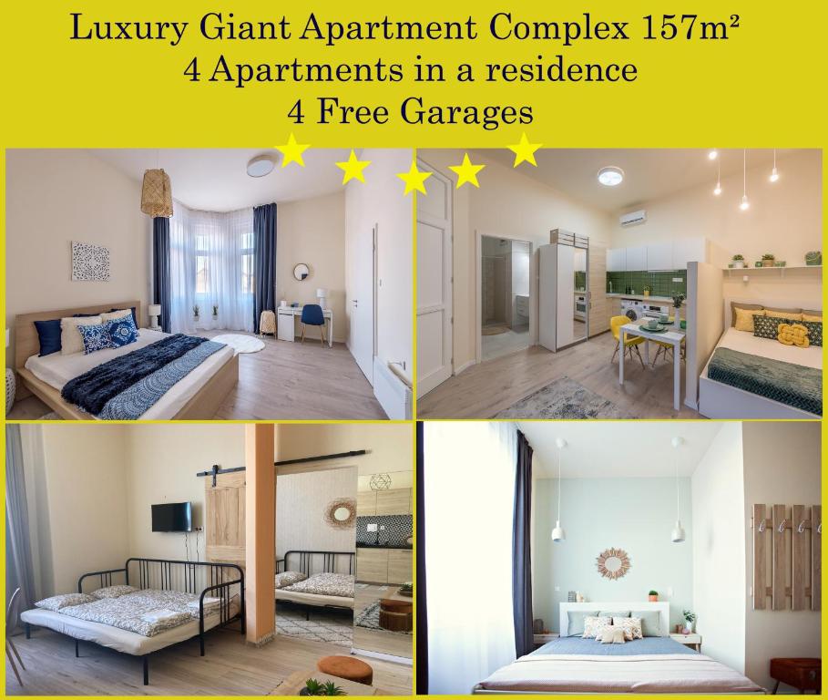 un collage di quattro foto di una camera da letto di 157m2 Luxury Giant Apartment Complex with 4 Free Garages a Budapest