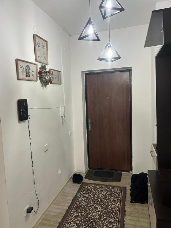 Pokój z brązowymi drzwiami i dywanem w obiekcie Жана кала, 11-ая улица, 3-х комнатная квартира w mieście Tridtsatʼ Let Kazakhstana