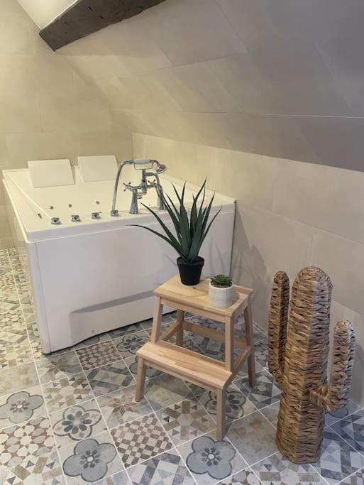 a bathroom with a sink and a table with a plant at la N°1,maison de ville avec baignoire balnéo duo in Nogent-le-Roi
