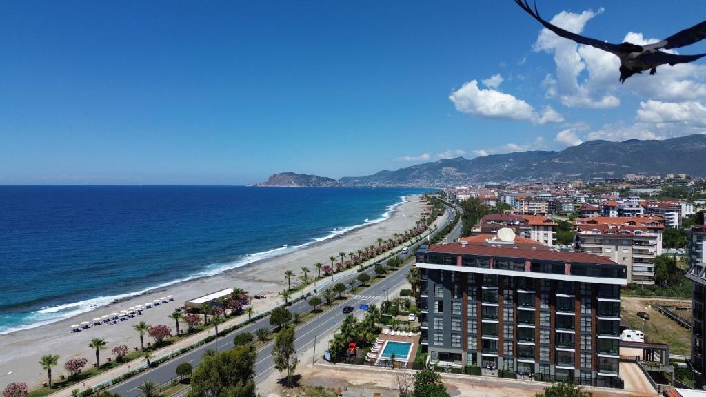 a view of a beach with a building and the ocean at Ulu Panorama Residence in Alanya