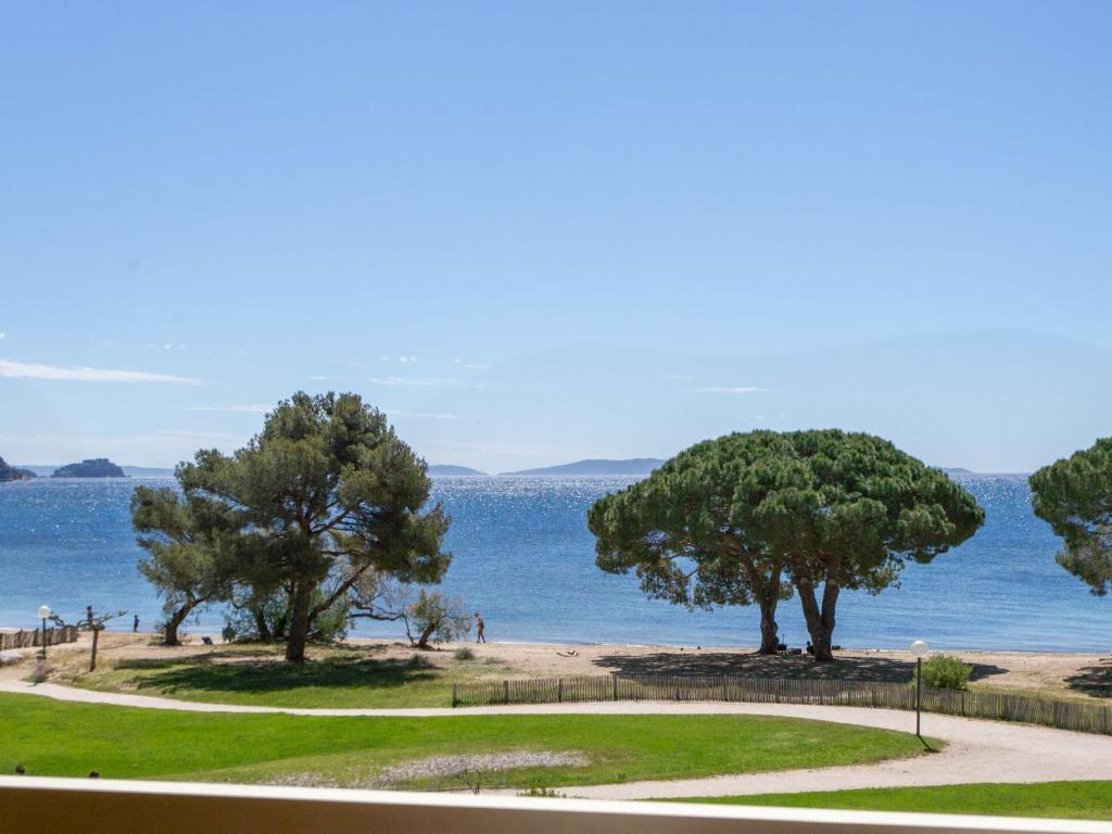 un groupe d'arbres sur une plage près de l'eau dans l'établissement Apartment Aigue Marine by Interhome, à La Londe-les-Maures