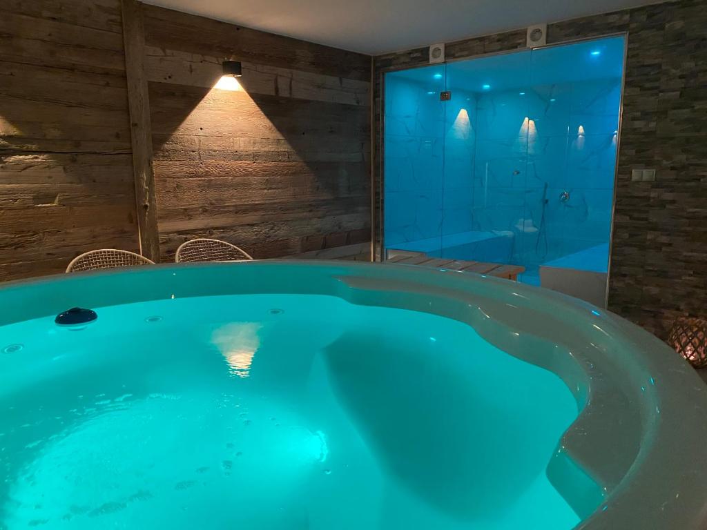 uma banheira de hidromassagem num quarto em Hotel Almhof em San Candido