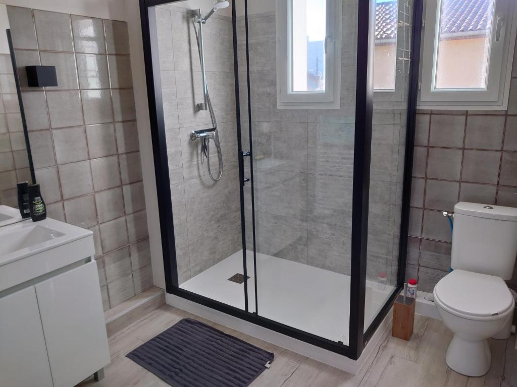 a shower stall in a bathroom with a toilet at Chambre d&#39;hôtes in Valras-Plage