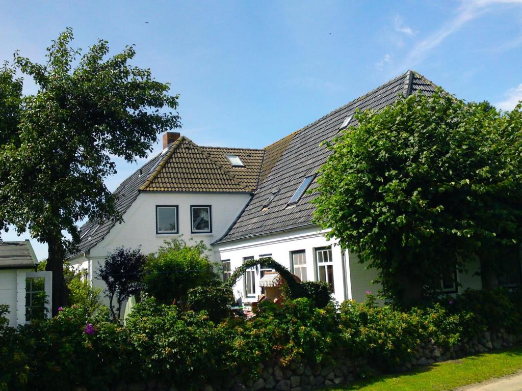 a white house with a gray roof at Deichhof Whg 27 in Dunsum