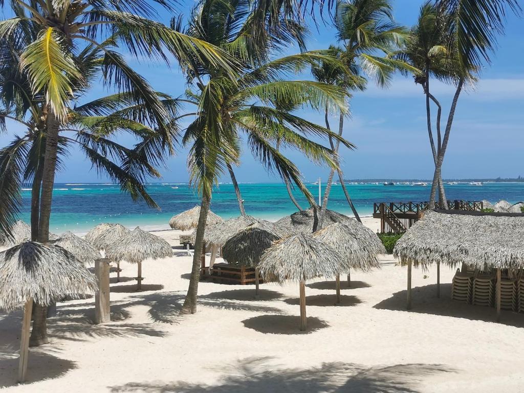 uma praia com alguns guarda-sóis de palha e palmeiras em DELUXE VILLAS BAVARO BEACH & SPA - best price for long term vacation rental em Punta Cana