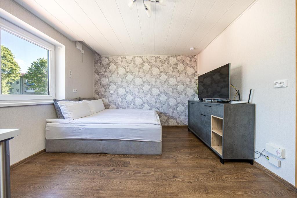 1 dormitorio con 1 cama, TV y ventana en Willow studio apartment in Klaipeda Oldtown, en Klaipėda