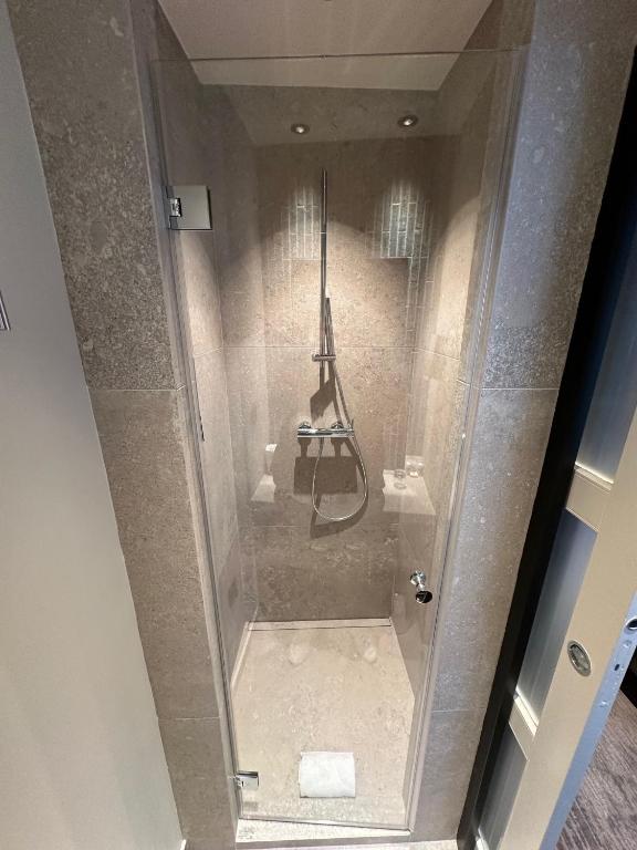 a bathroom with a shower with a toilet in it at Hôtel Le Médiéval Palais des Papes in Avignon