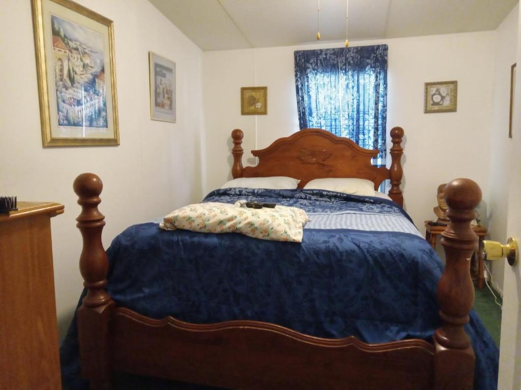1 dormitorio con cama de madera y edredón azul en Danny king, en Valdosta