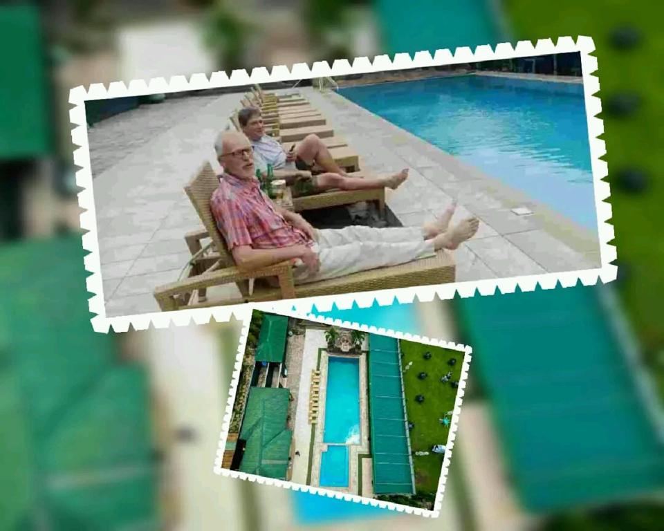 two pictures of a man and a child sitting on a bench by a pool at St. Regis Hotel & Resort - Benin City in Benin City