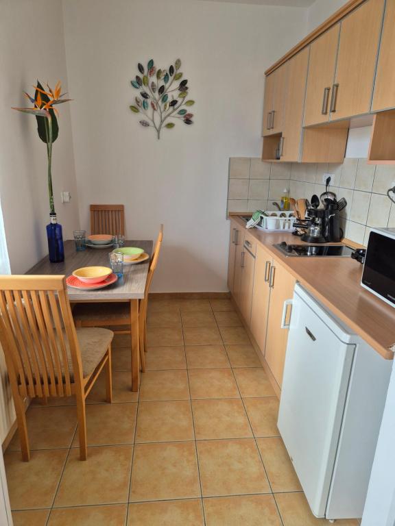 kuchnia ze stołem i jadalnią w obiekcie Manna Wellness Apartman Zalakaros w Zalakaros