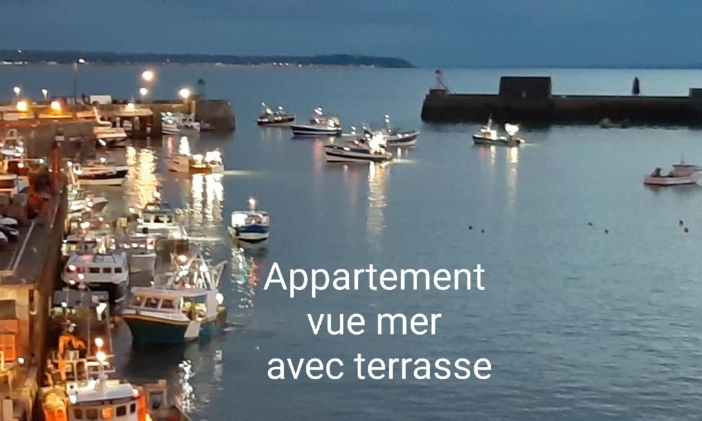 Un montón de barcos están atracados en un puerto en Rare à Granville! Appartement avec terrasse! Vue mer!, en Granville