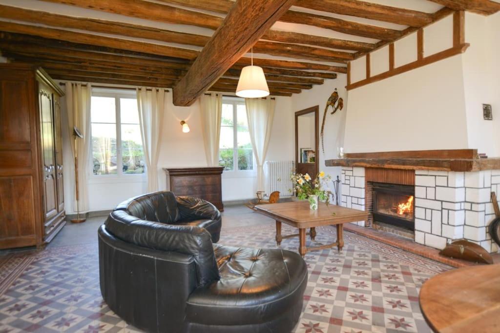 a living room with a leather couch and a fireplace at Le Petit Luquis - maison de campagne 7 chambres - in Chézy-sur-Marne