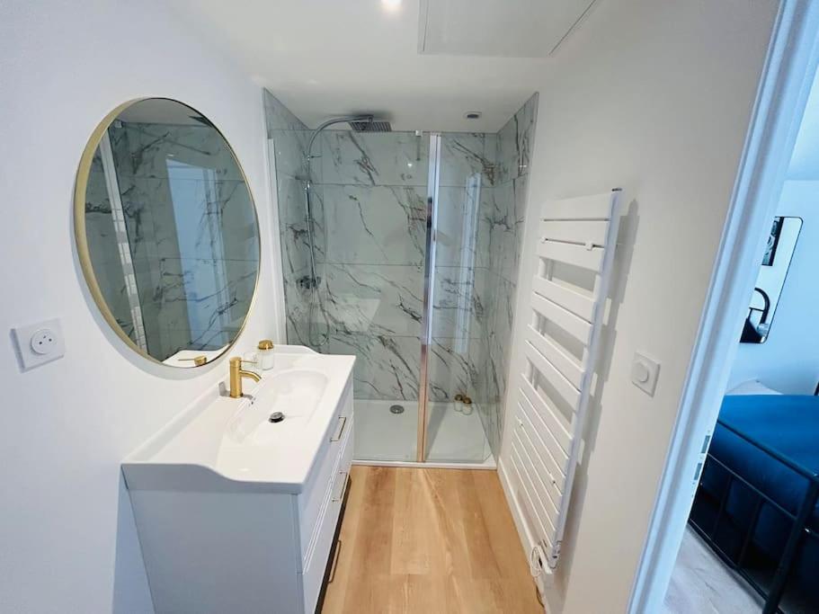 ein Bad mit einer Dusche, einem Waschbecken und einem Spiegel in der Unterkunft La petite maison in Loeuilly