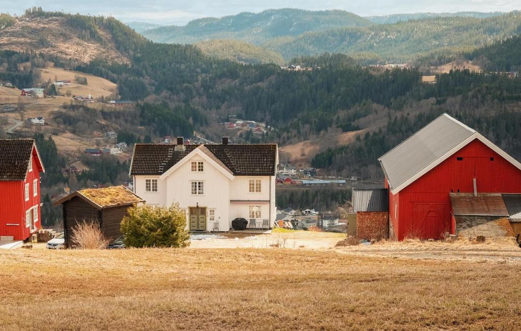 een huis en een rode schuur in een veld bij Pet Friendly Home In Svorkmo With House A Panoramic View 