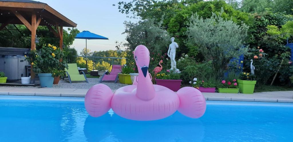 un flotto rosa fenicottero in acqua in una piscina di L'Hermine Occitane B&B a Gratens