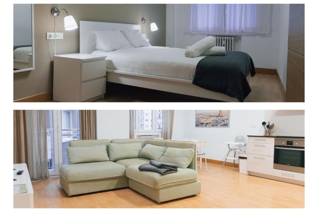 ein Schlafzimmer mit einem Bett und einer Couch in der Unterkunft Apartamento familiar reformado en Amara, Estadio Anoeta, Donostia-San Sebastián in San Sebastián