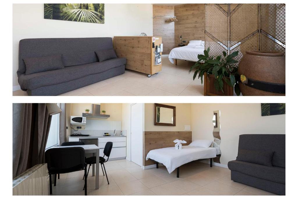 ein Wohnzimmer mit einem Sofa und ein Zimmer mit einem Tisch in der Unterkunft Apartamento familiar exterior en la costa de Zarautz - Oasis Palm in Zarautz