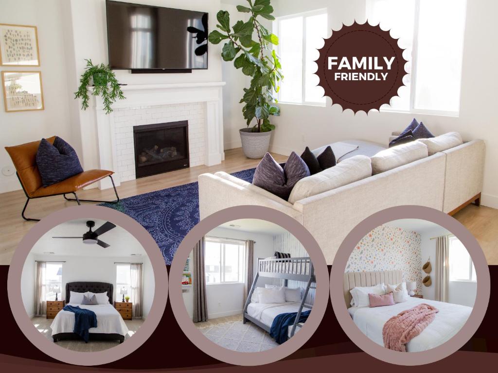 un collage de fotos de una sala de estar en Family, kids, pet friendly neighborhood home, en American Fork