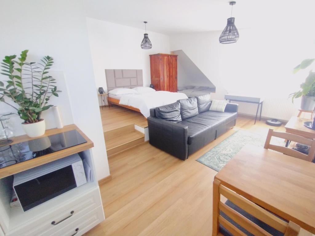 salon z kanapą i łóżkiem w obiekcie Attic apartment Catnip w Bratysławie