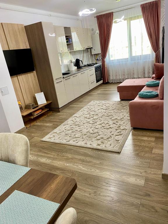 a living room with a couch and a table at Sofia Residence Apartments Cetate in Târgu Neamț