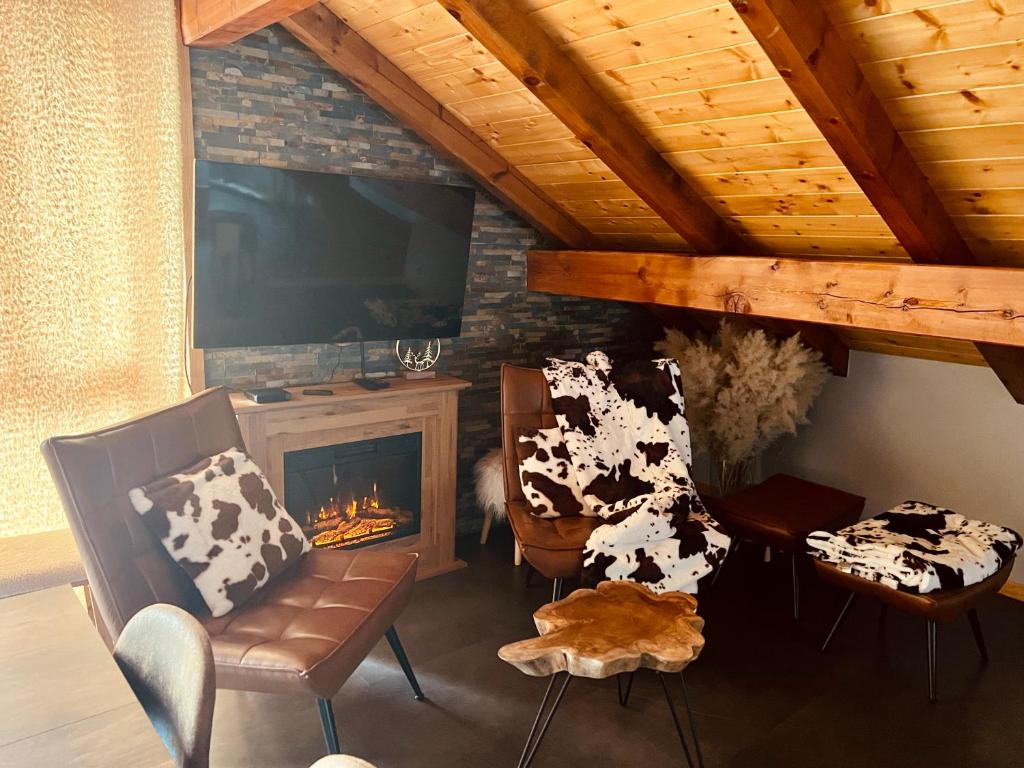 a living room with a fireplace and a tv at Le Mélèze in Villar-Saint-Pancrace