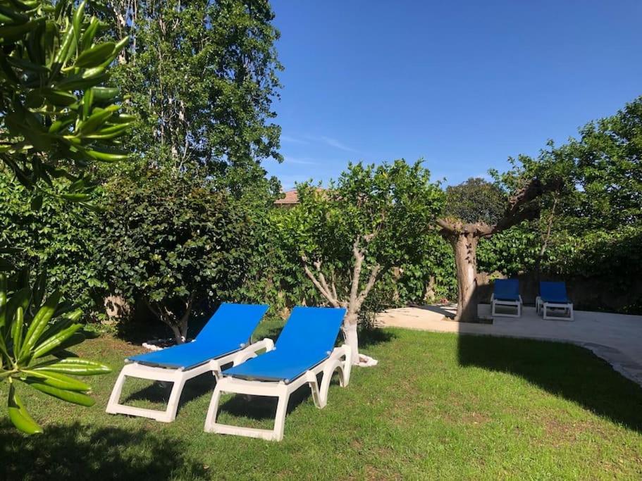 un groupe de chaises longues bleues et blanches dans l'herbe dans l'établissement Bas de Villa indépendant, à Borgo
