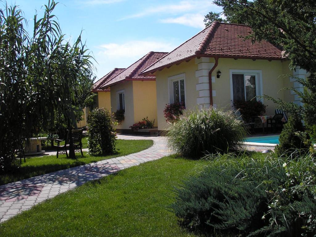 ハイドゥソボスローにあるKaktuszvirág Apartmanházの庭にスイミングプールがある家