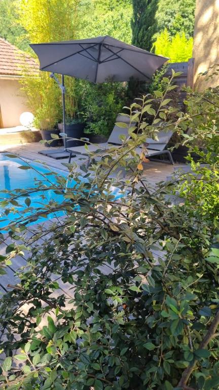 un parasol et des chaises à côté d'une piscine dans l'établissement L' Intimiste : avec Piscine privée et Jacuzzi privé, à Fontaines-Saint-Martin