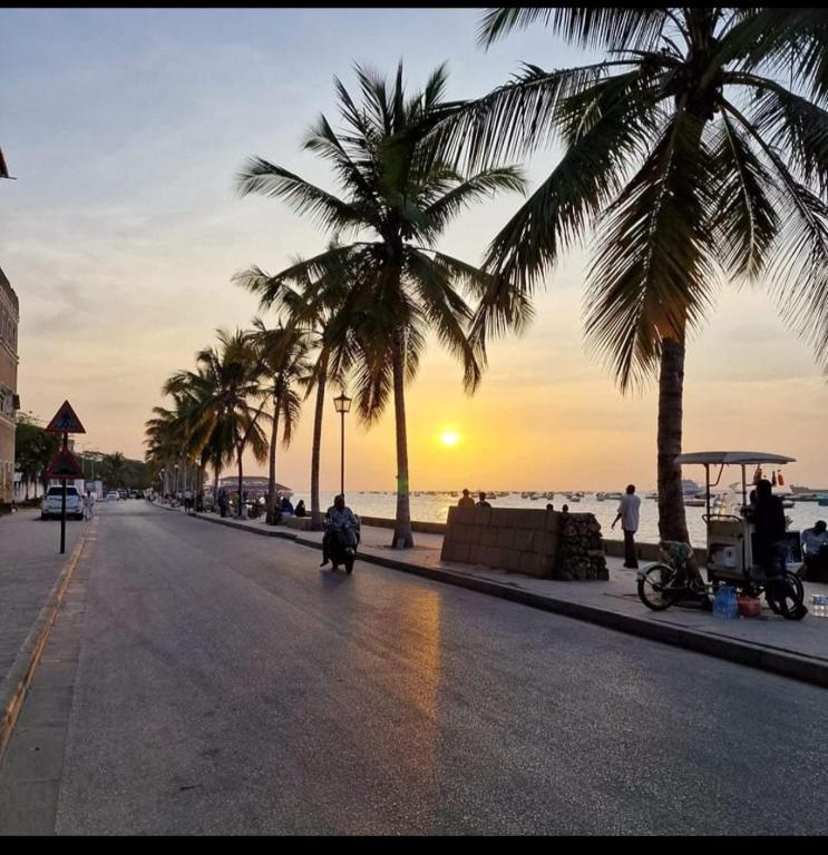 a street with palm trees and the ocean at sunset at Mlandege Town house in Ngambo