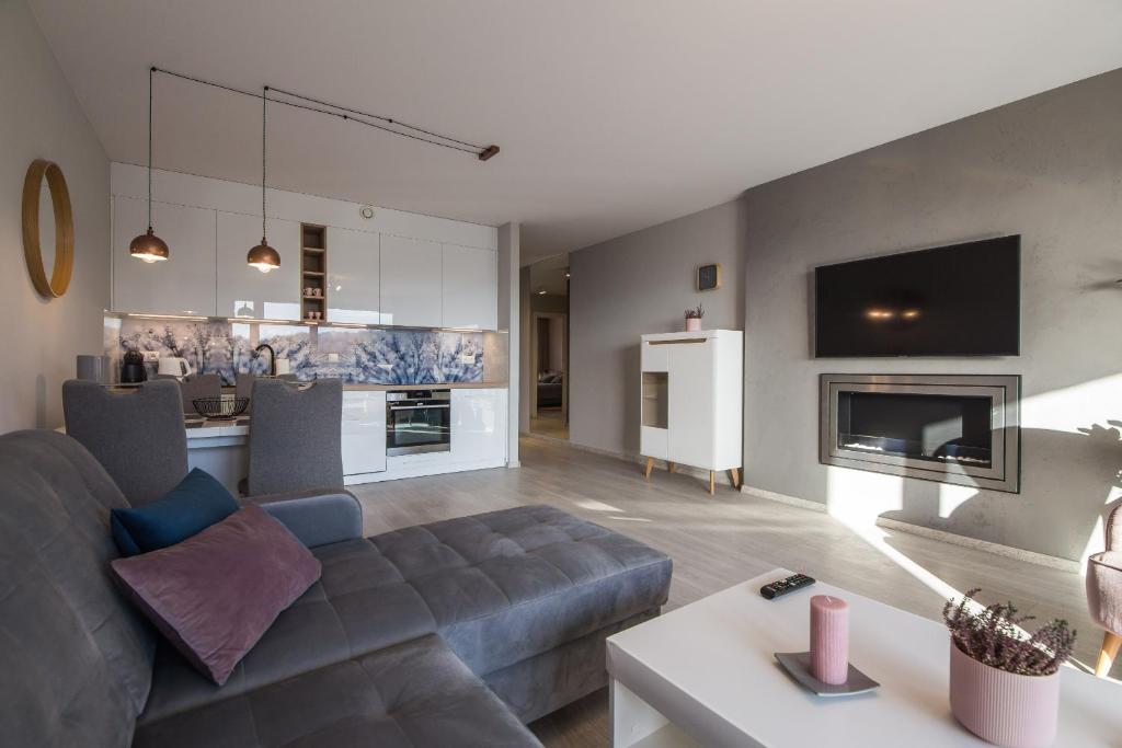 Posezení v ubytování Bukowa Apartment with Parking and Mountain View in Wisła by Noclegi Renters